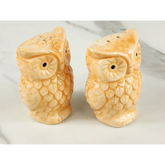 Owl Salt & Pepper Shakers 3 1/2" Ceramic Glazed 90s Tan Peach Home Decor Vintage - Picture 10 of 14